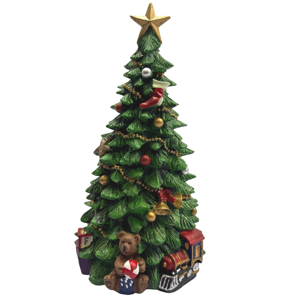 Vintage Resin Christmas Tree Figurine Teddy Bear Train Toys Tabletop Decor 10.5"